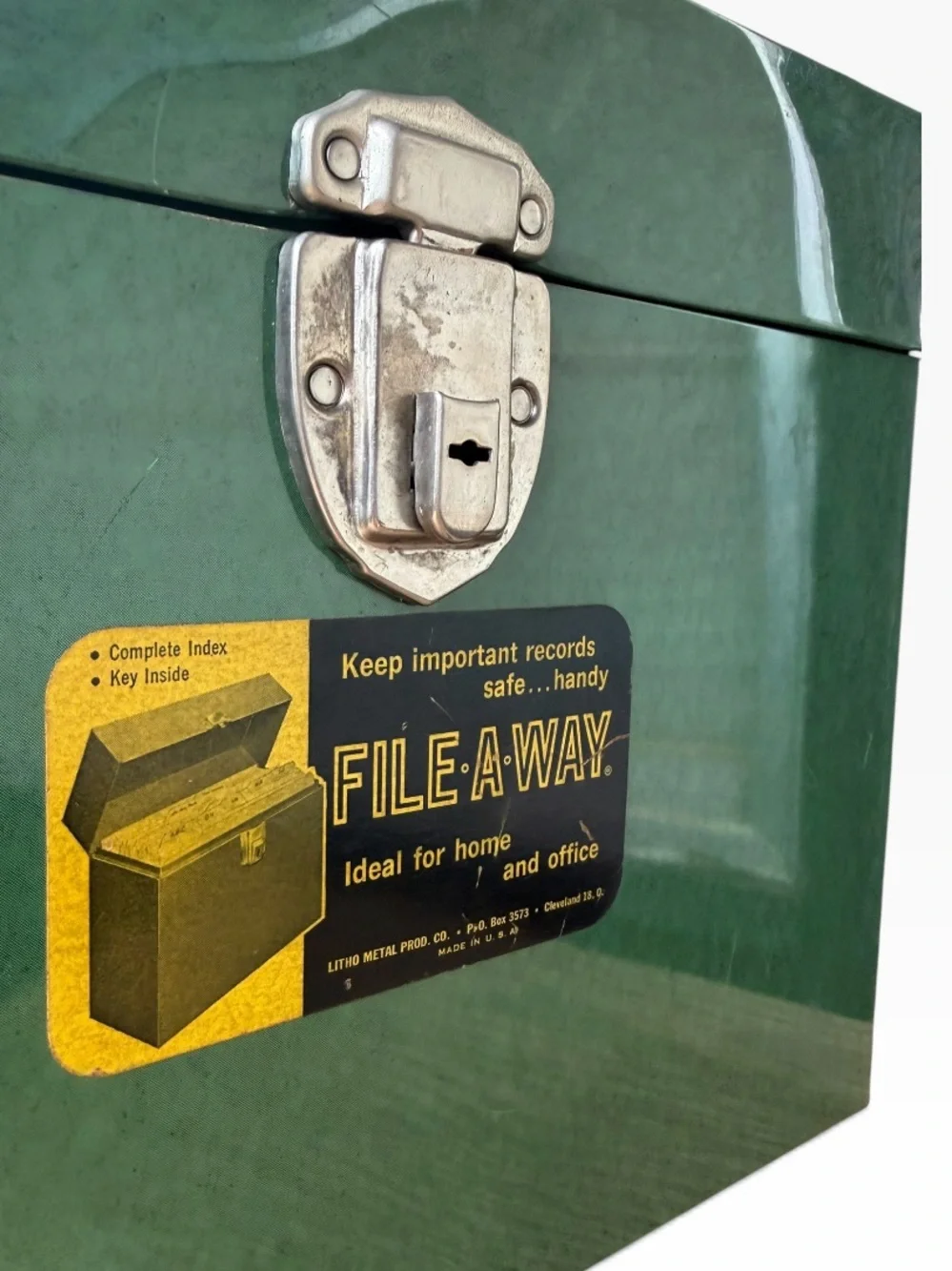 Vintage 1960s File-A-Way Green Metal Storage Box with Locking Latch